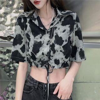 Elbow-sleeve Tie-dye Drawstring Crop Shirt