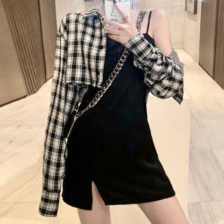 Spaghetti Strap Mini Split Dress / Cropped Plaid Shirt