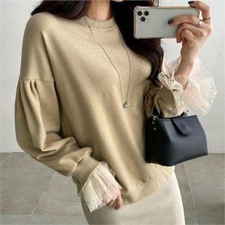 Drop-shoulder Mesh-cuff Pullover