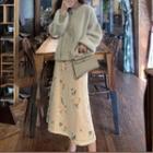 Fluffy Cardigan / Floral Print Midi A-line Skirt / Set
