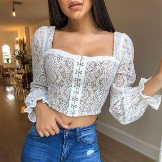Square Neck Ruffle-trim Lace Cropped Top