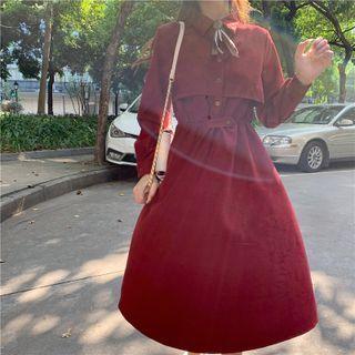 Long-sleeve Tie-neck Plain A-line Midi Dress