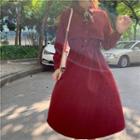Long-sleeve Tie-neck Plain A-line Midi Dress