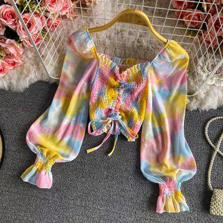 Tie-dyed Square Neck Puff Long Sleeve Crop Top