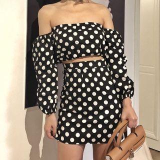 Set: Dotted Off-shoulder Crop Top + Mini Pencil Skirt Set - Top - Dot - Black - One Size / Pencil Skirt - Black - One Size