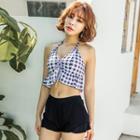 Set: Plaid Bikini Top + Bikini Bottom + Plain Shorts