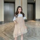 Layered Panel Short-sleeve Dress Orange Pink - One Size