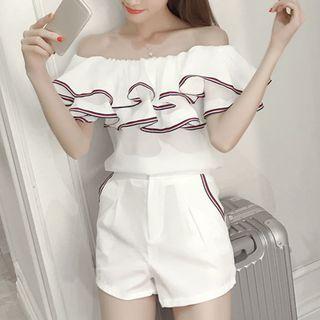 Set: Ruffle Trim Off Shoulder Short Sleeve Top + Shorts