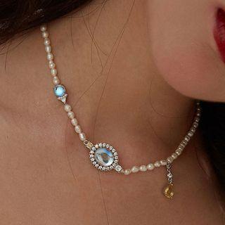 Faux Crystal Freshwater Pearl Choker White & Blue - One Size