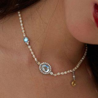 Faux Crystal Freshwater Pearl Choker White & Blue - One Size