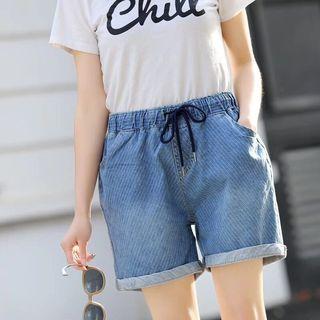 Pinstriped Drawstring Denim Shorts