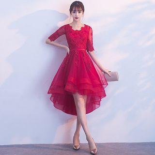 Lace-up Back Elbow-sleeve Mesh Midi A-line Cocktail Dress