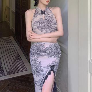 Halter Floral Lace Trim Dress