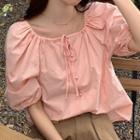 Puff Sleeve Drawstring Blouse Pink - One Size