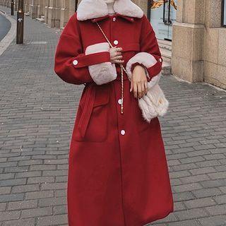 Long-sleeve Fleece Trim Tie-waist Woolen Coat