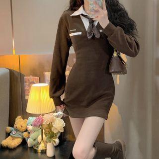 Long-sleeve Mock Two-piece Tie-neck Mini Dress Coffee - One Size