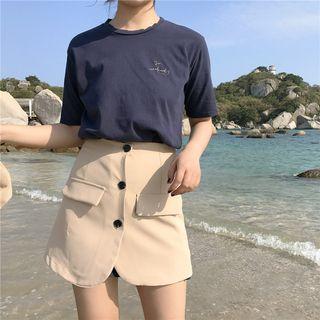 Set: Letter Embroidered Short Sleeve T-shirt + Buttoned A-line Skirt