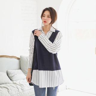 Inset V-neck Vest Pinstripe Shirt