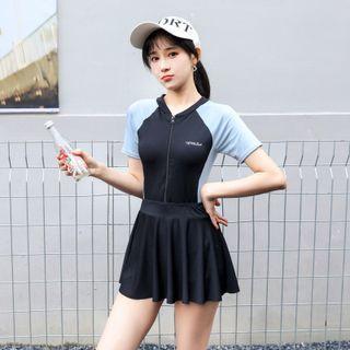 Set: Short-sleeve Zip-up Swim Top + Swim Skirt
