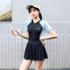 Set: Short-sleeve Zip-up Swim Top + Swim Skirt
