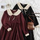 Long-sleeve Tie-front Midi A-line Corduroy Dress