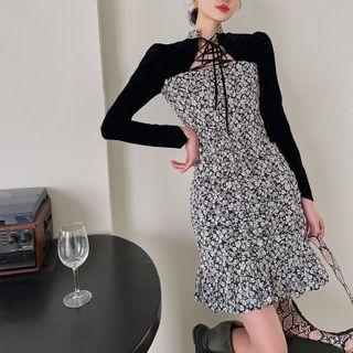 Long-sleeve Lace-up Floral Panel Mini A-line Dress