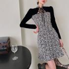 Long-sleeve Lace-up Floral Panel Mini A-line Dress