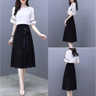 Set : Elbow-sleeve Top + Midi A-line Skirt