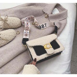 Faux Shearling Paneled Buckled Crossbody Bag