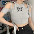 Cold-shoulder Butterfly Print Cropped T-shirt