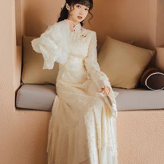 Bell-sleeve Lace Midi Qipao Dress