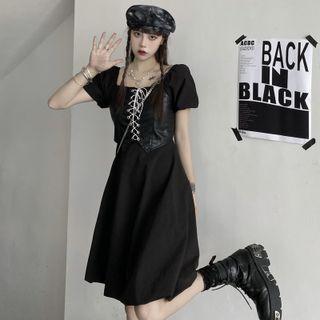Puff-sleeve Mock Two-piece A-line Dress