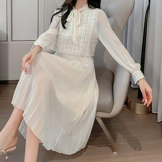Set: Long-sleeve Midi Pleated Dress + Tweed Vest