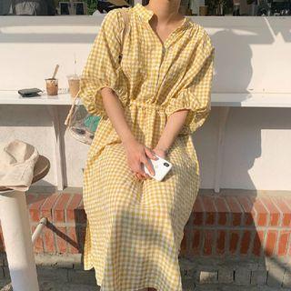 Elbow-sleeve V-neck Plaid Dress Yellow - One Size