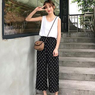 Plain Tank Top / Dotted Wide-leg Pants