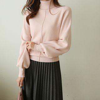 Turtle-neck Balloon-sleeve Seam-trim Sweater