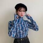 Long-sleeve Floral Print Turtle Neck T-shirt Blue - One Size