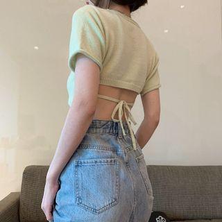 Short-sleeve Tie-back Knit Crop Top