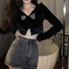 Bow Embroidered Velvet Crop Top