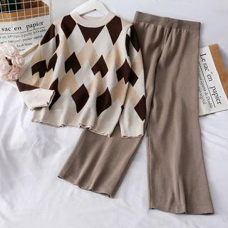Set: Argyle Knit Top + Wide-leg Pants Khaki - One Size