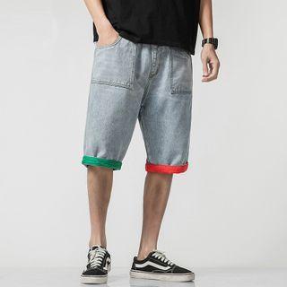 Contrast Color Denim Straight-cut Shorts
