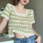 Short-sleeve Perforated Crop Knit Top