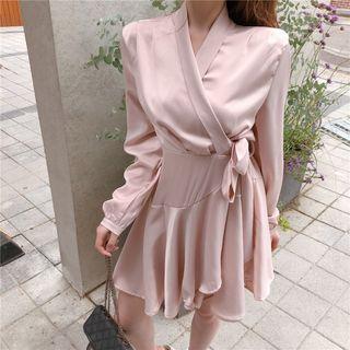 V-neck Side Tie Long-sleeve A-line Dress Pink - One Size