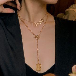 Lettering Rose Pendant Layered Alloy Necklace