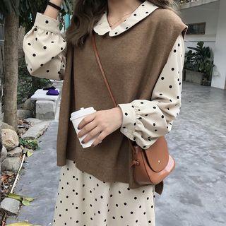 Dotted Blouse / Knit Vest / Long-sleeve Midi Dress