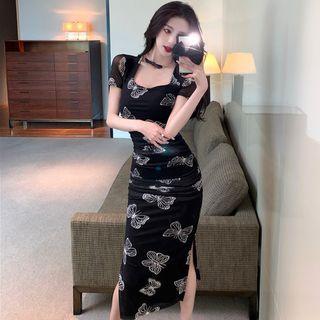 Short-sleeve Butterfly Pint Midi Bodycon Dress