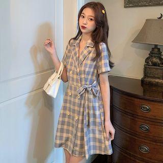 Plaid Double-breasted Short-sleeve Mini A-line Dress As Shown In Figure - One Size