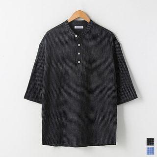 Mandarin-collar Half-placket Checked Shirt