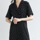 Short-sleeve Dotted A-line Dress Black - One Size