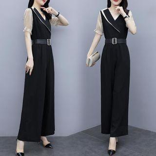 Mesh Panel Elbow-sleeve Wide-leg Jumpsuit